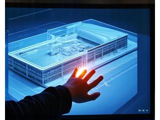 컴퓨터 화면에 나타난 스포츠 시설의 3D 모델과 설계자의 손