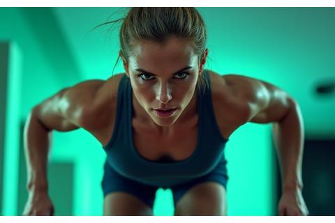 고강도 인터벌 트레이닝(HIIT)을 하는 사람의 역동적인 모습. 땀방울이 맺히고 에너지가 느껴진다.
