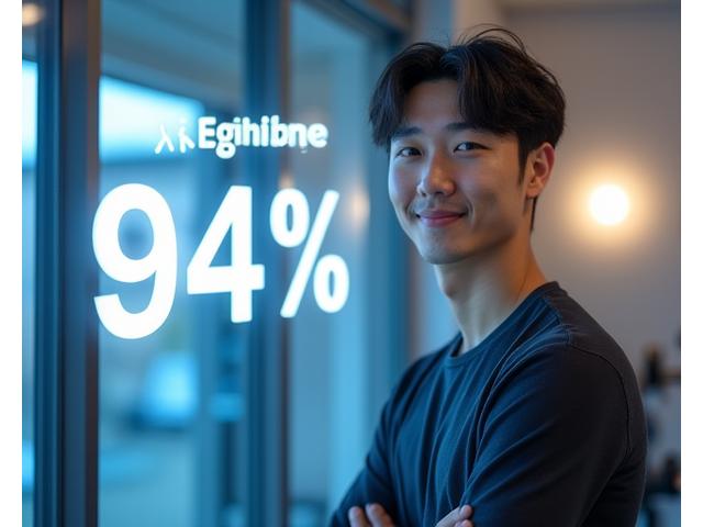 사용자 만족도 94% 달성 문구가 쓰인 화면 앞에 미소 짓는 남성. 배경은 깔끔한 현대적 운동 공간.