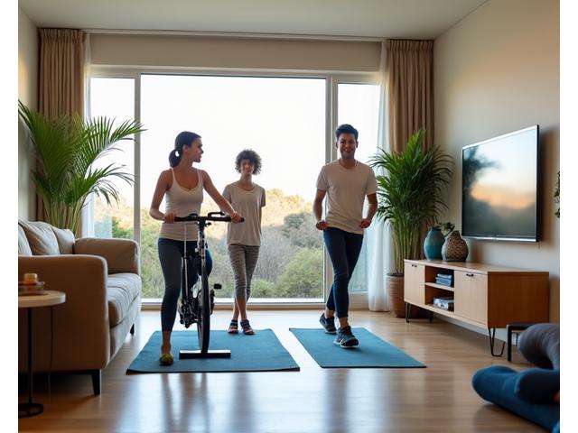 넓은 거실 한 켠에 세련된 디자인의 스마트 바이크와 요가 매트가 조화롭게 배치된 모습. 가족이 함께 운동하며 대화하는 밝은 분위기.