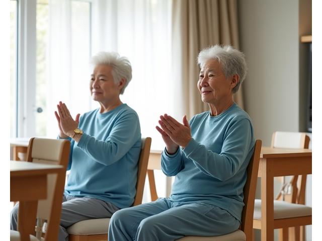 노년층 부부가 집 거실에서 의자를 이용한 스트레칭과 가벼운 근력 운동을 안전하게 하는 모습.