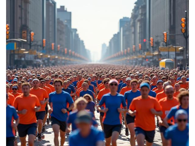 수만 명의 참가자가 달리는 대규모 국제 마라톤 대회 현장